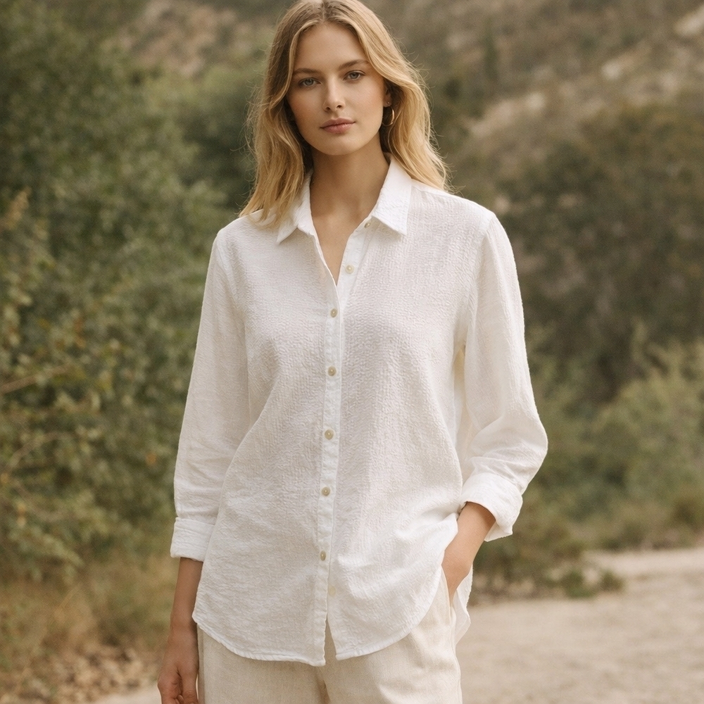 Lola River White Gauzy Seesucker Cotton Button-Down Shirt Women's Size L
